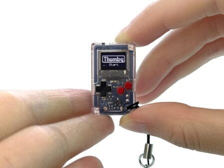 TinyCircuits | Thumby Programmable Game Console Keychain – Retro Gaming Fun Mini-Console, STEM Learning, USB Rechargeable, 5 Preloaded Games (Clear) 4 game