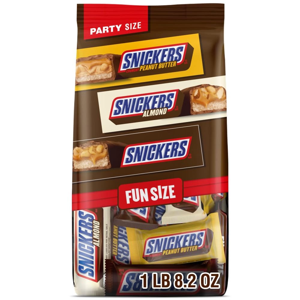 SNICKERS Original, Almond and Crunchy Peanut Butter Fun Size Chocolate Bars, Chocolate Candy Variety Pack, Halloween Party Size, 24.02 Oz. Candy Bag 1 SNICKERS Original, Almond and Crunchy Peanut Butter Fun Size Chocolate Bars, Chocolate Candy Variety Pack, Halloween Party Size, 24.02 Oz. Candy Bag