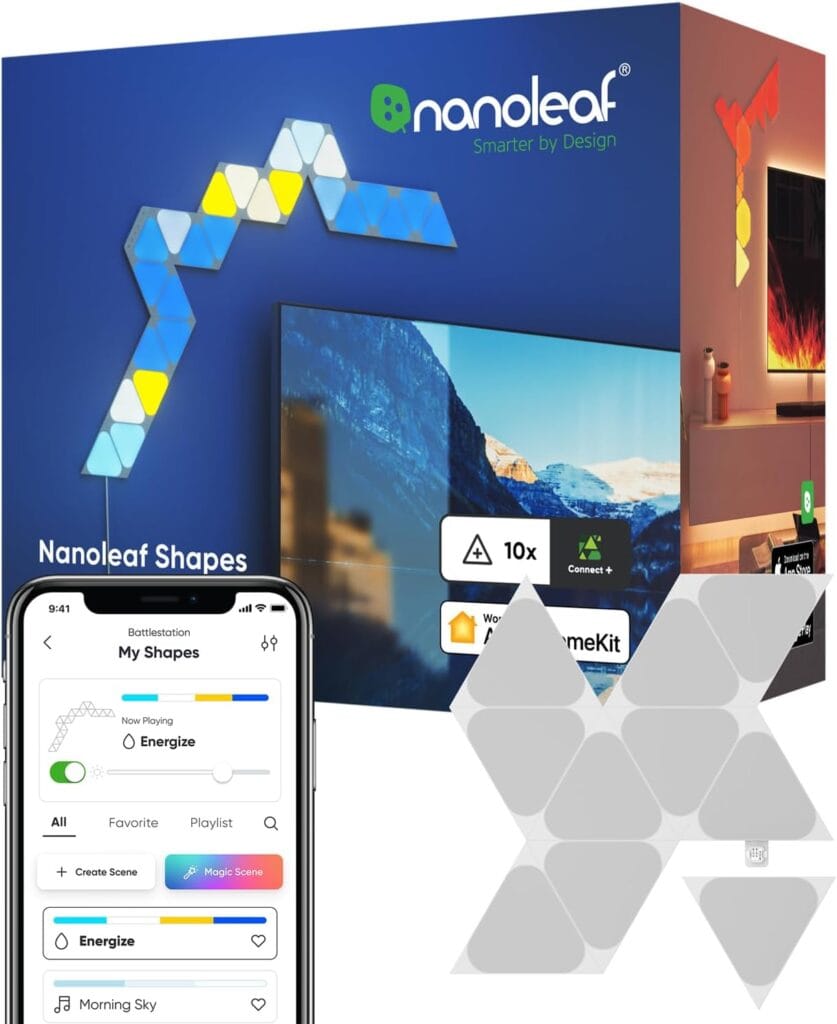 Nanoleaf Shapes LED Lights for Wall, Mini Triangle Light Panle 10 PK for Bedroom WiFi Smart Wall Lighting with Music Sync, Screen Mirror, Works With Alexa & Google Assistant, 16M+ Color Expansion Pack 1 Nanoleaf Shapes LED Lights for Wall, Mini Triangle Light Panle 10 PK for Bedroom WiFi Smart Wall Lighting with Music Sync, Screen Mirror, Works With Alexa & Google Assistant, 16M+ Color Expansion Pack